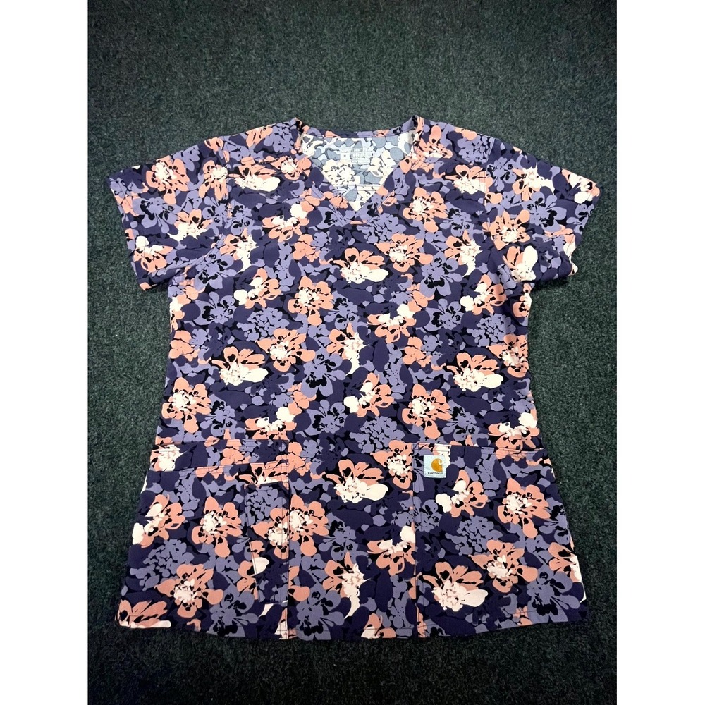 Carhartt Scrub Top Womens Medium Purple Pink Floral V Neck Modern Fit‎ Medical